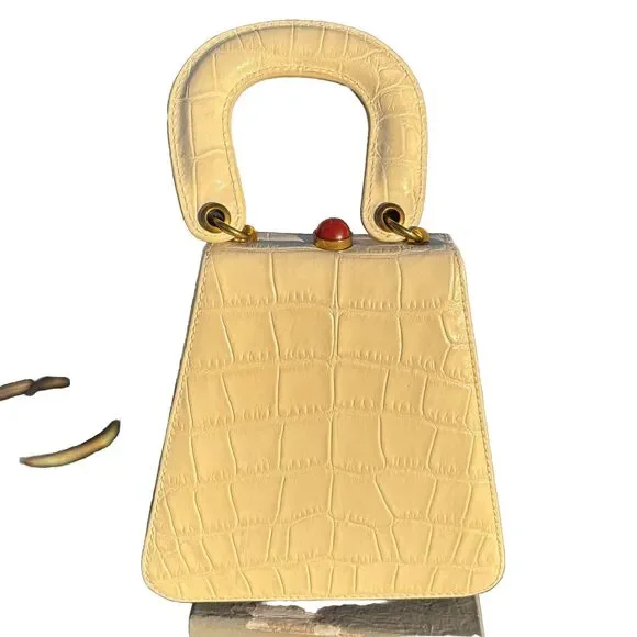 Staud Bag Kenny Cream Trapezoid Handbag Croc Embossed Leather Top Handle 6.5” - Picture 13 of 13